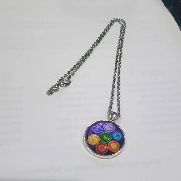 OM Symbol Cabochon Tibetan silver Glass Chain Pendant Necklace - Picture 1 of 5